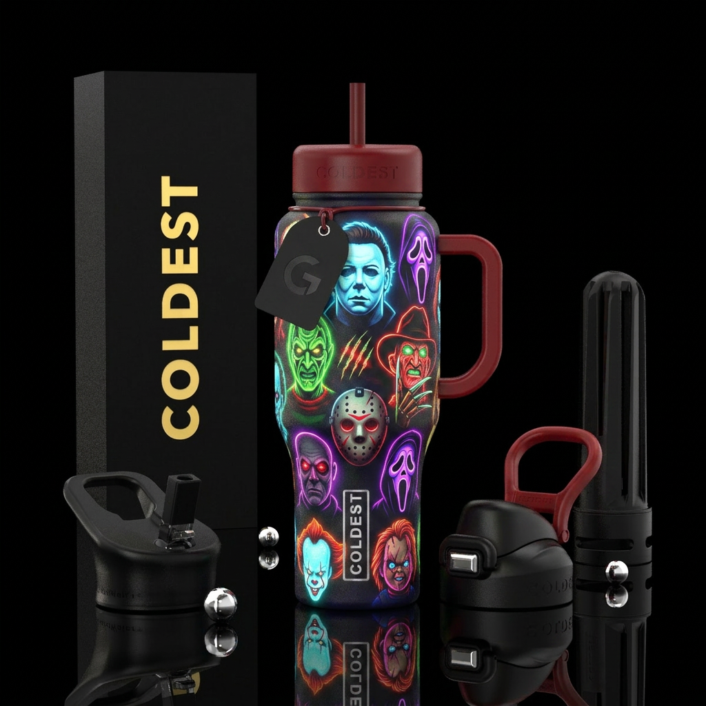Glowie faces of horror villians water bottle design