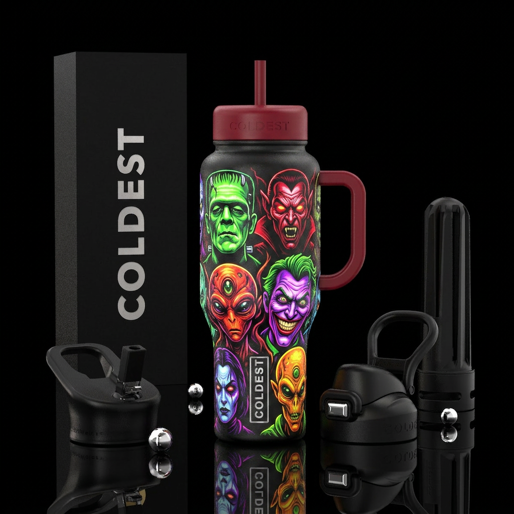 Glowie faces of horror villians water bottle design