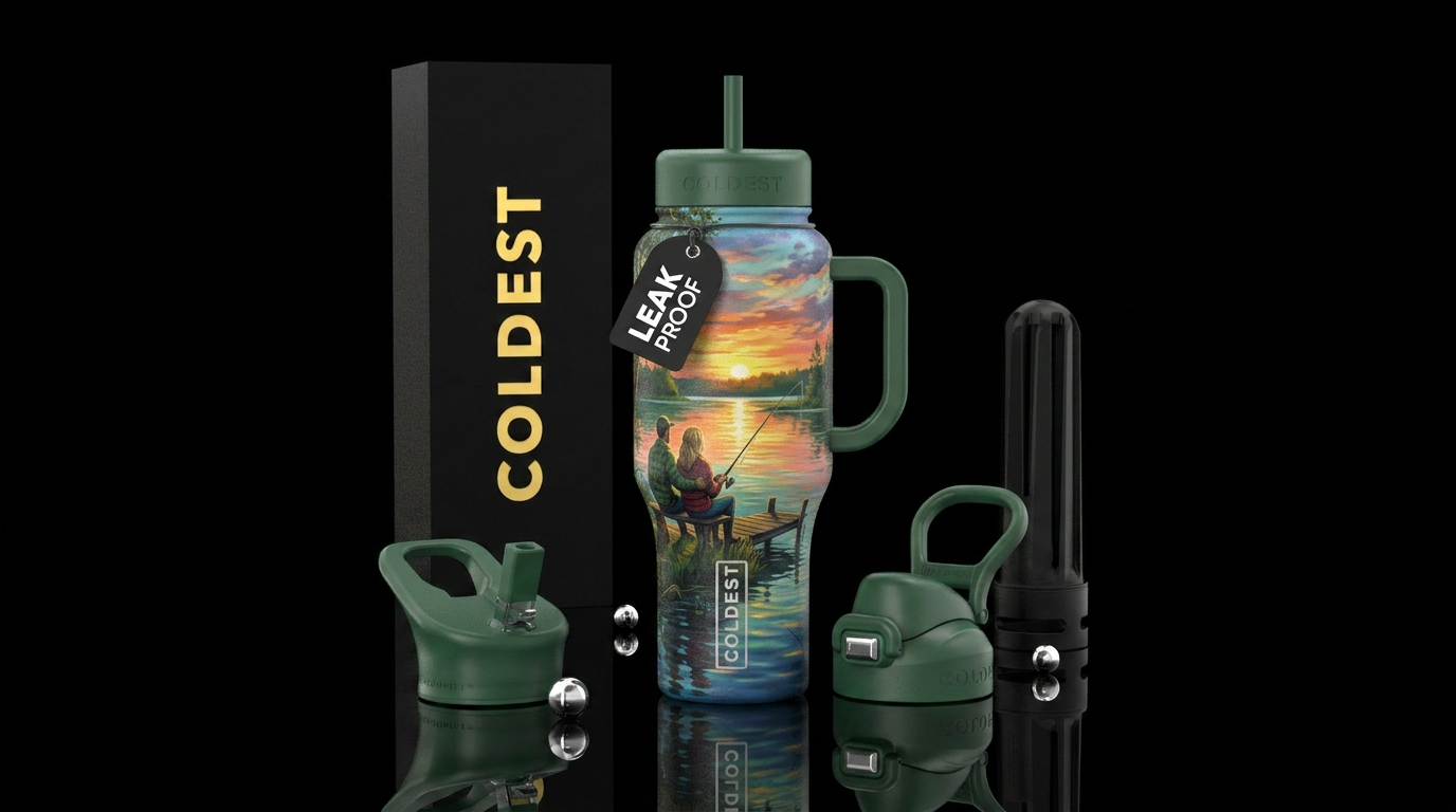 Couple fishing from shore on a lake water bottle design