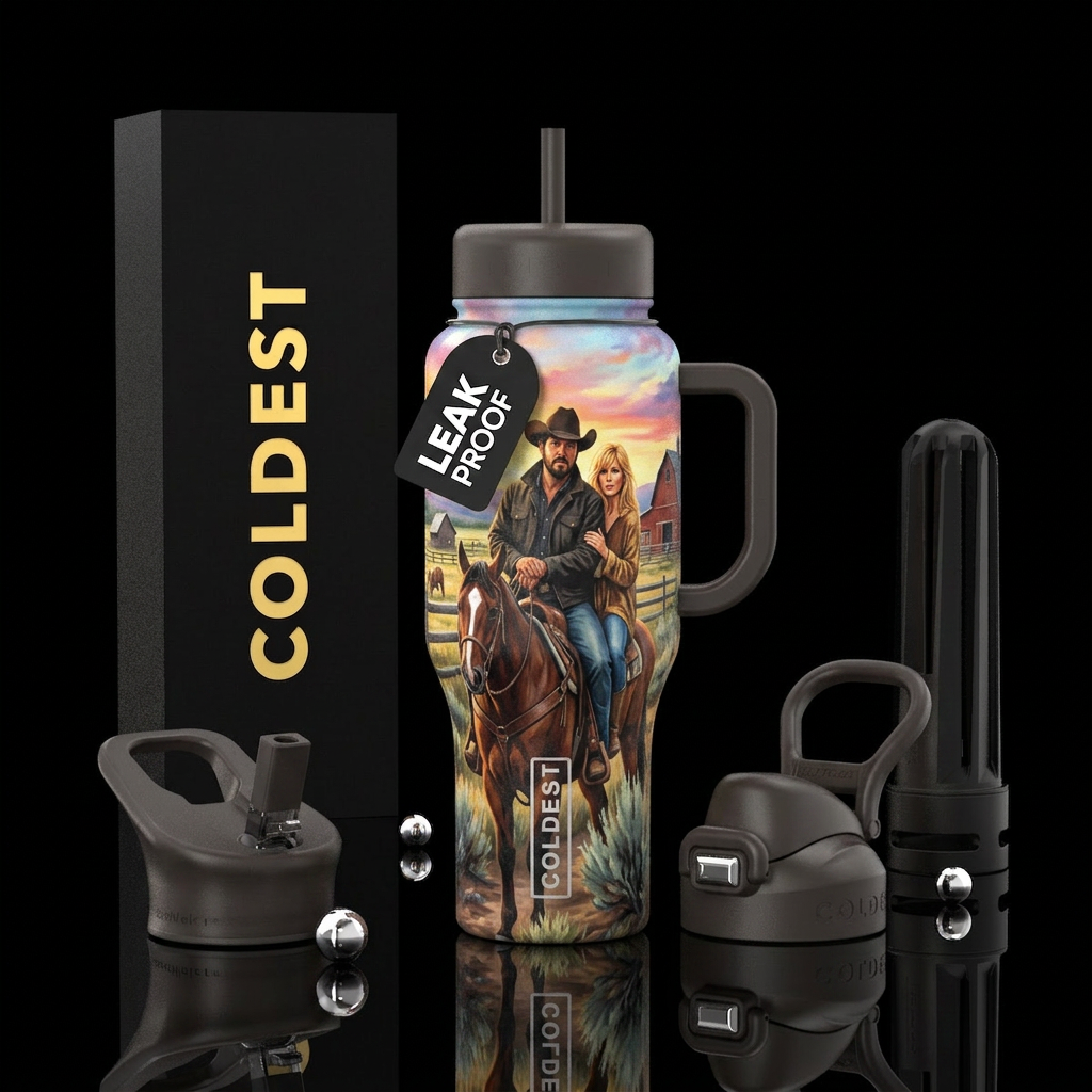 Rip and Beth Dutton on the ranch water bottle design