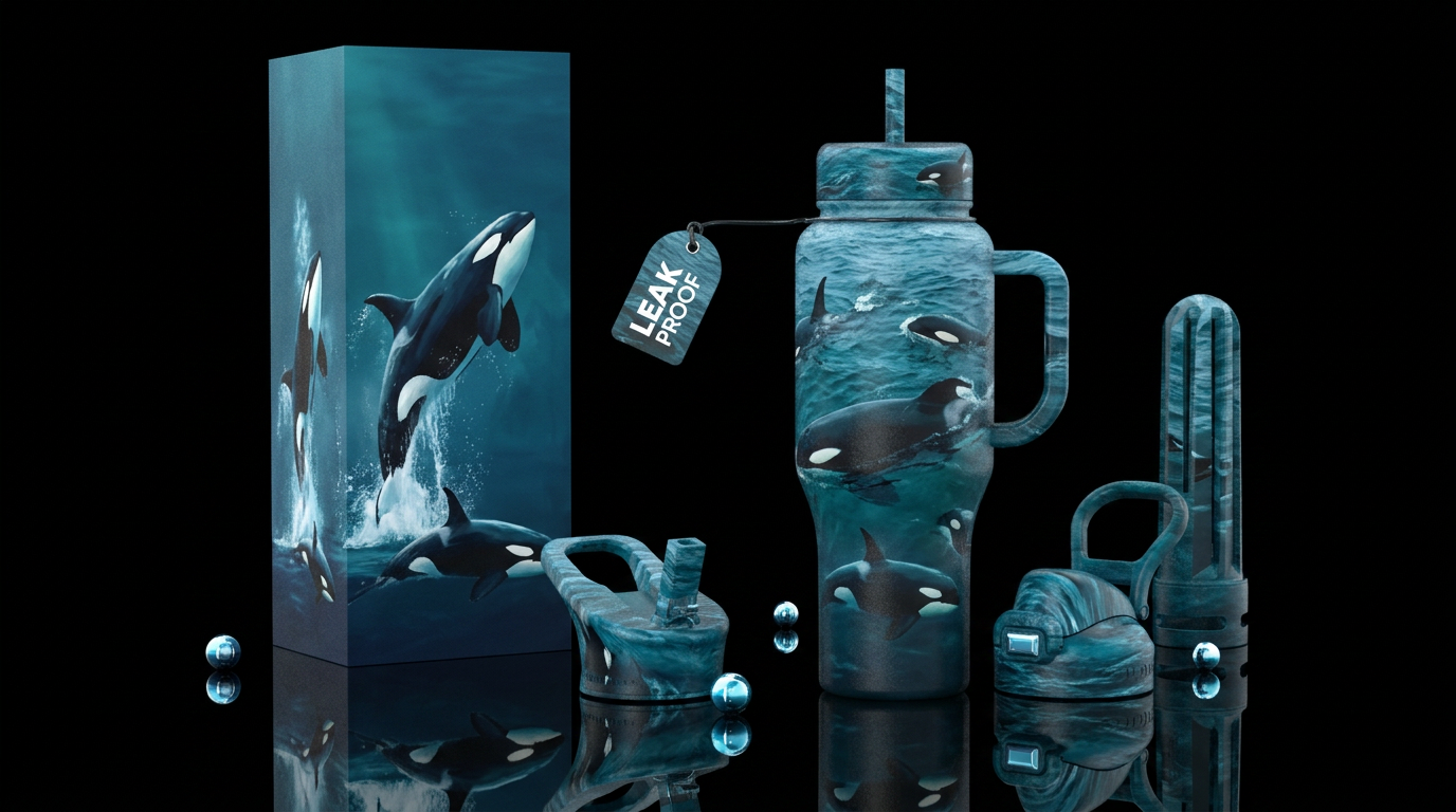 Orca whales playing in the ocean water bottle design