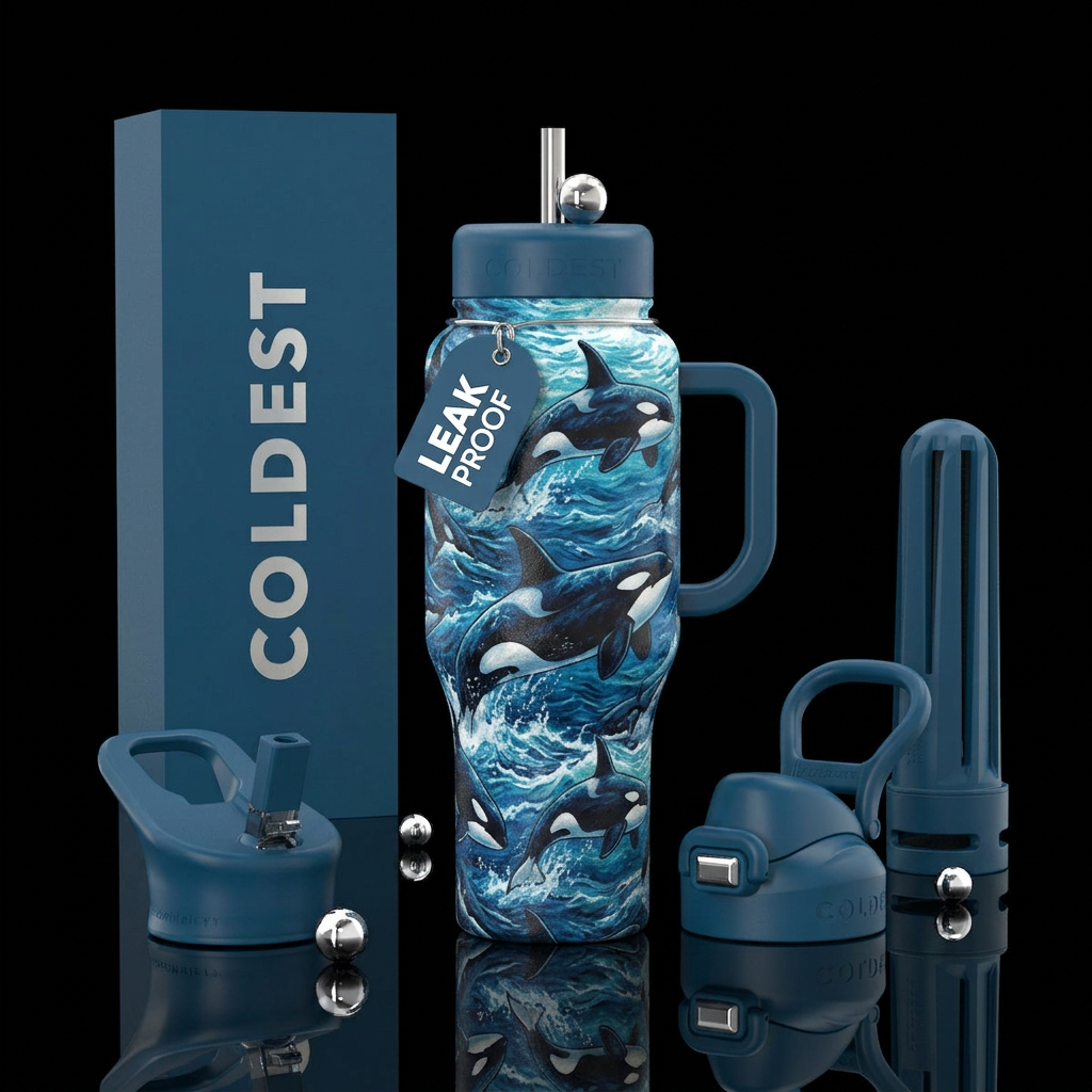 Orca whales playing in the ocean water bottle design