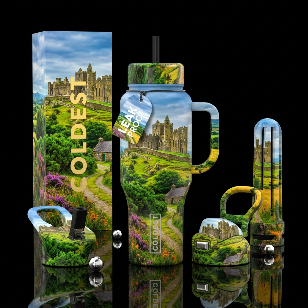 Ireland country side castles. Make all sides of th... water bottle design