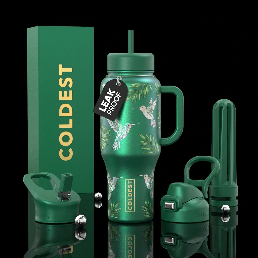 Pearlized hummingbirds on a green bottle water bottle design