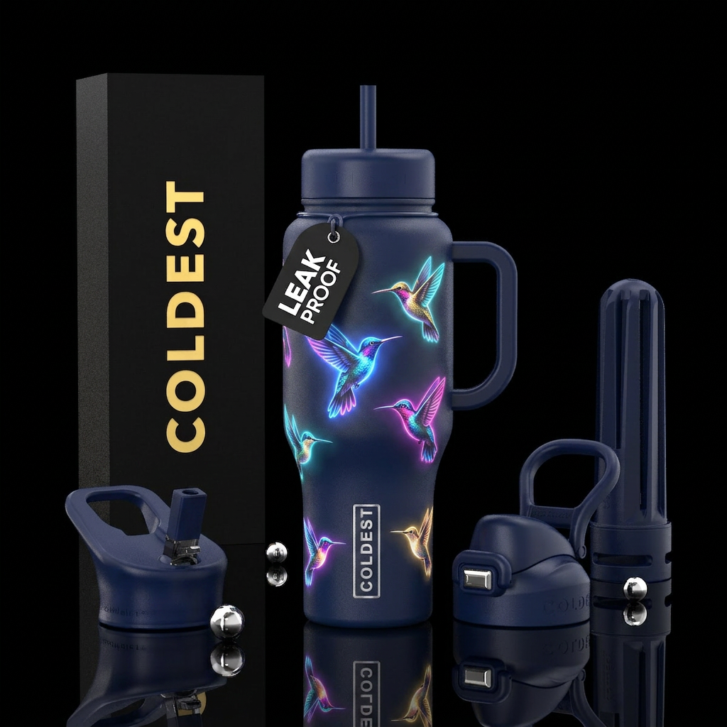 Glowie hummingbirds on a dark blue bottle water bottle design
