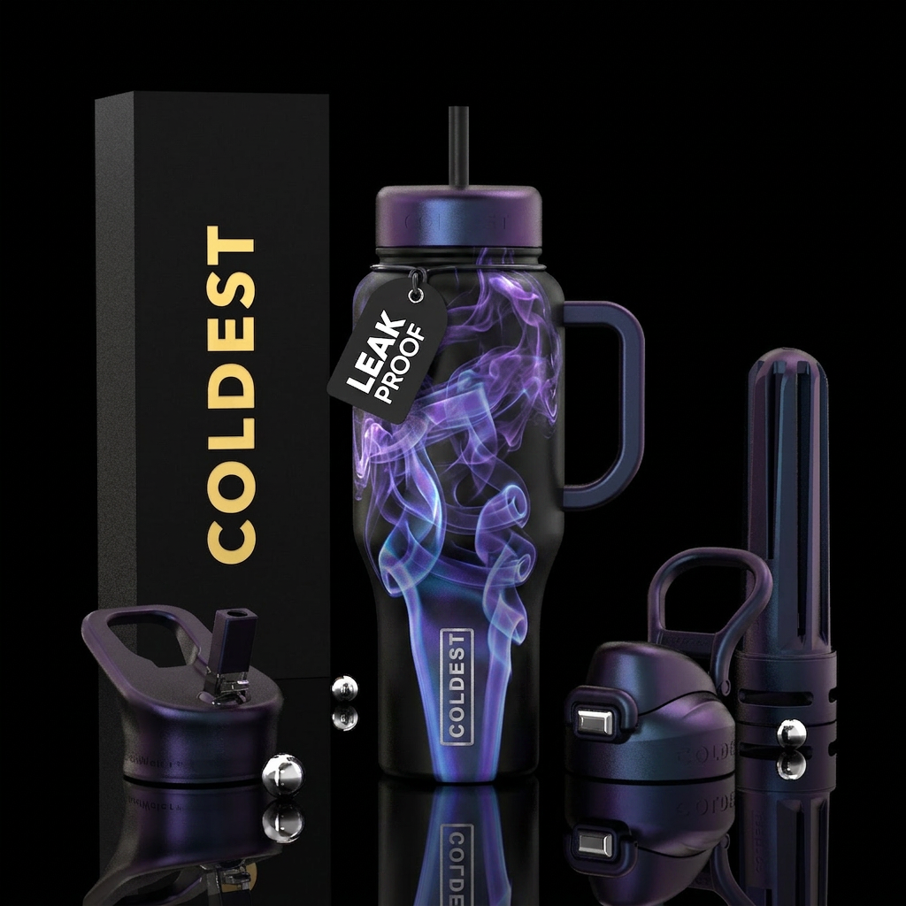 Iridescent purple smoke on black bittle water bottle design