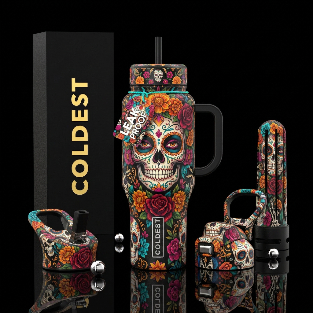 Vibrant  dia de los muertos black background water bottle design