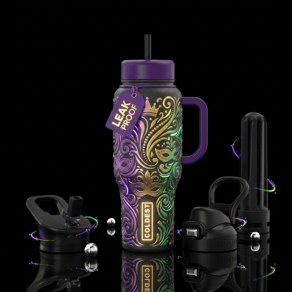 Glowie Mardi Gras water bottle design
