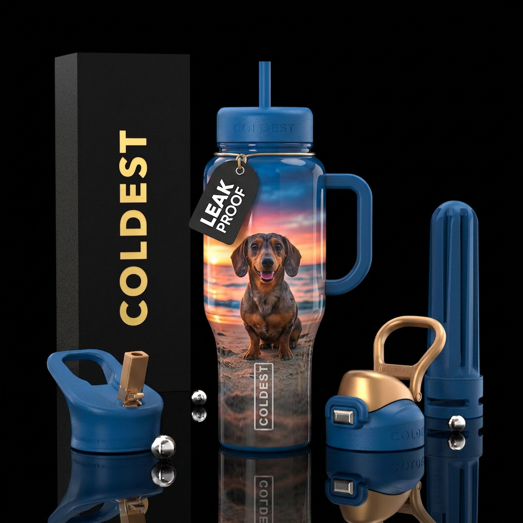 Sable color dachshund sitting on a beach at sunset... water bottle design