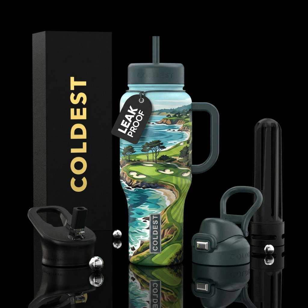 Pebble Beach golf course water bottle design