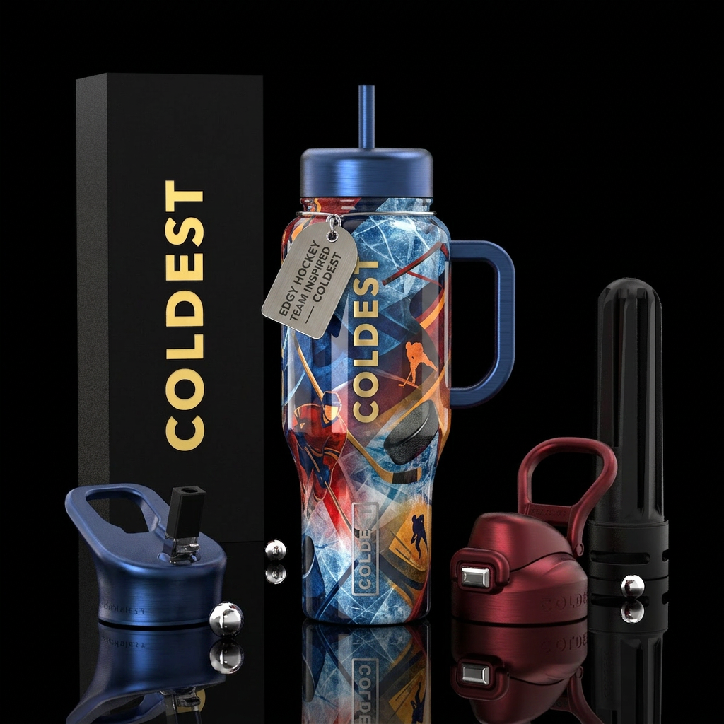 edgy, hockey water bottle design