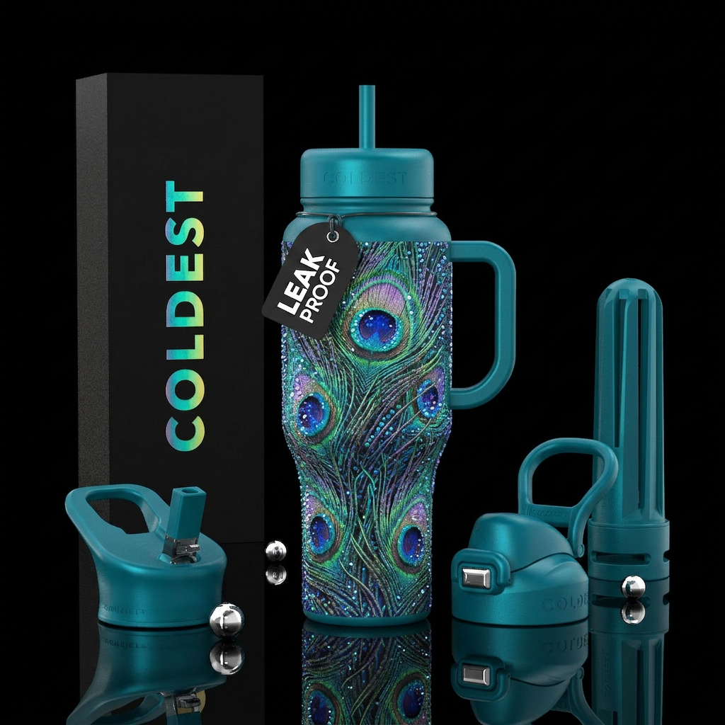 At, crystallize, Peacock feathers water bottle design