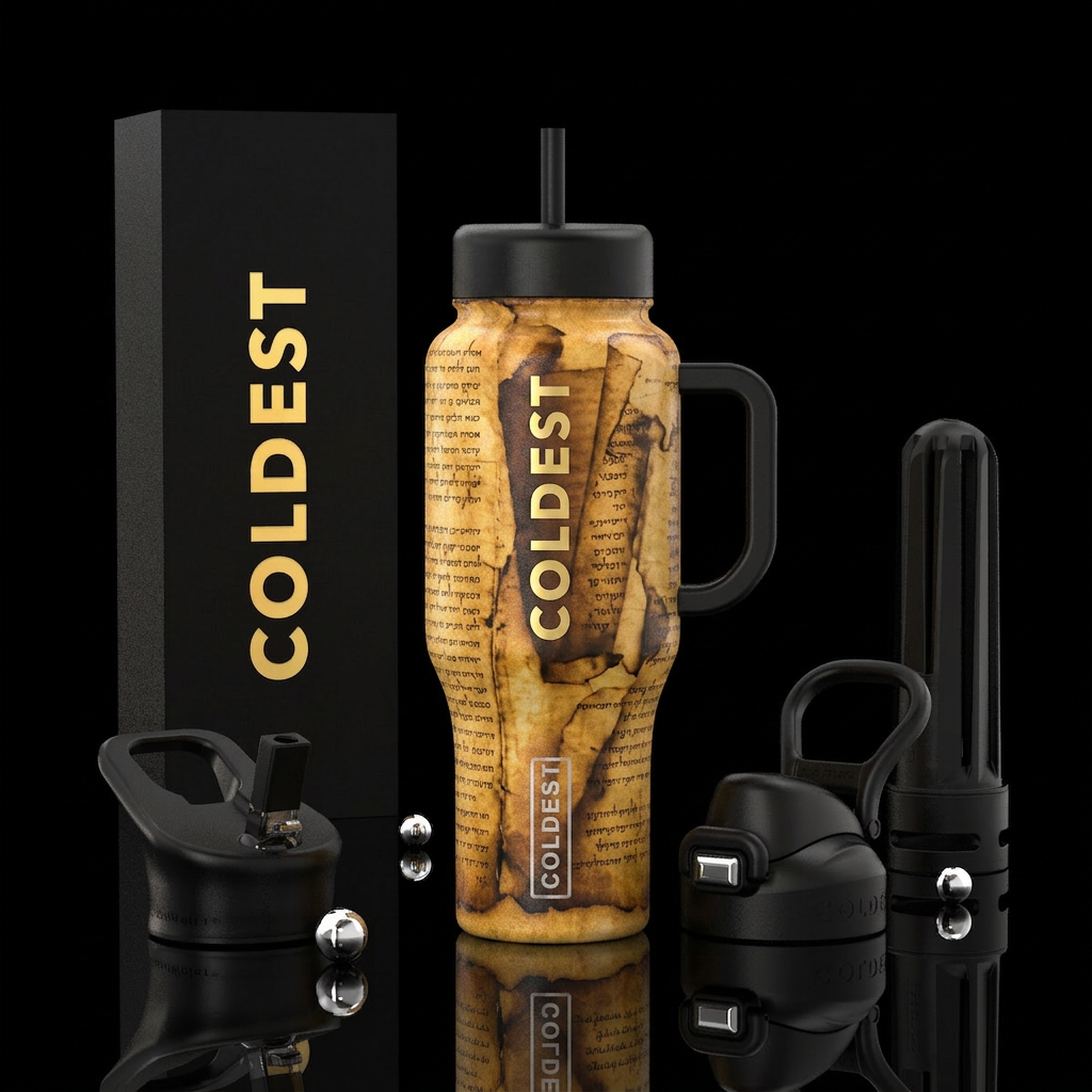 Sepia images of the Dead Sea scrolls water bottle design