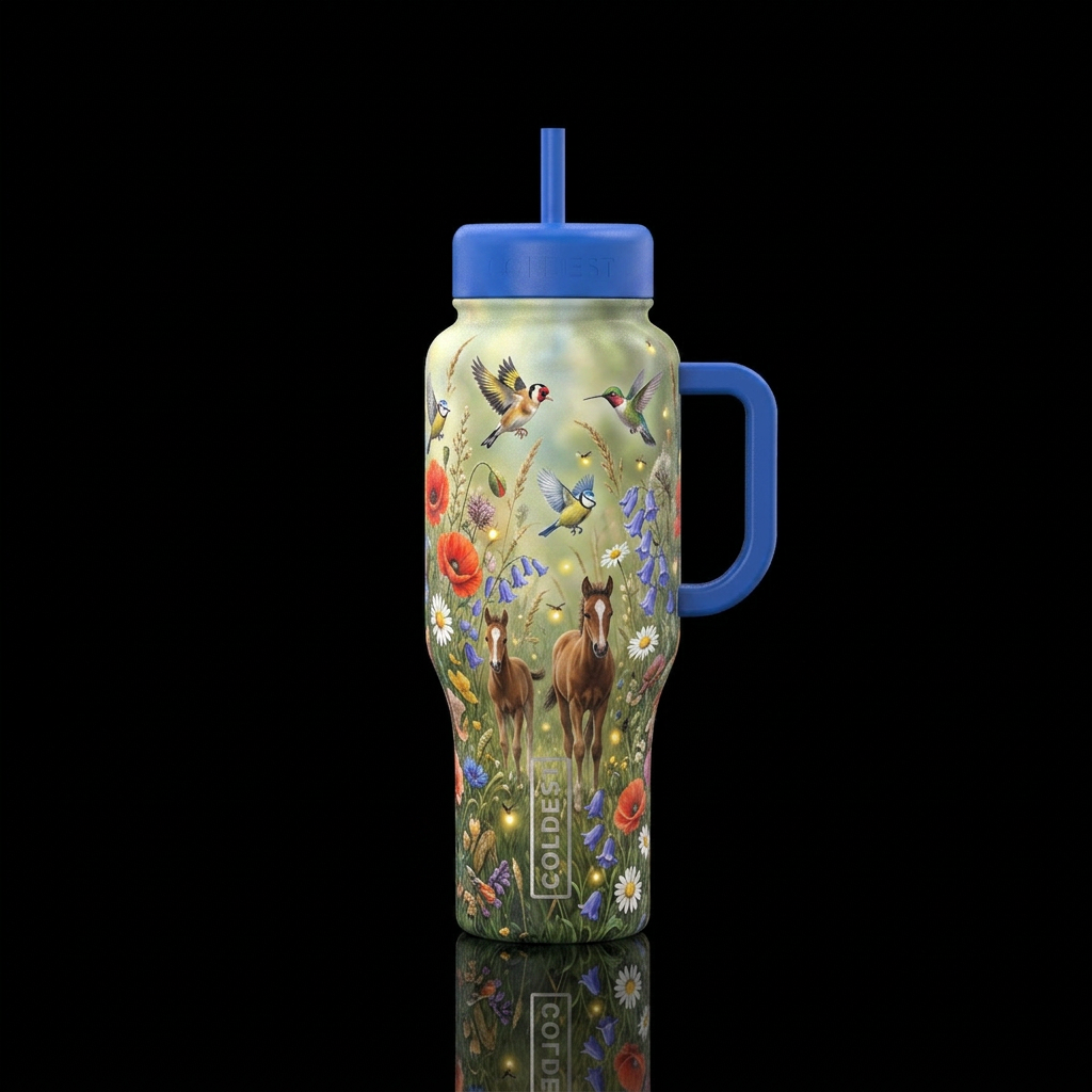 Walking through a meadow fillies with flowers, fir... water bottle design