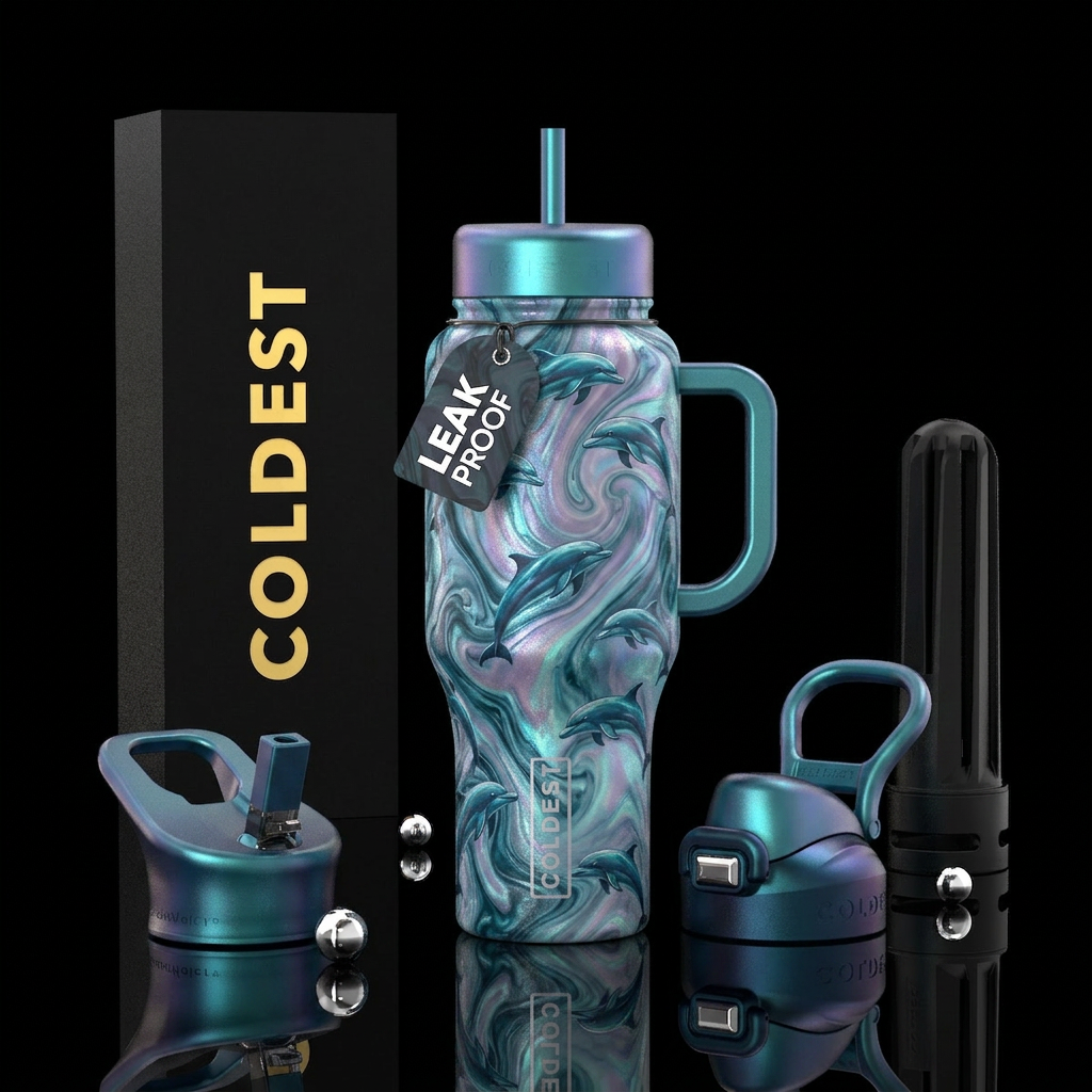 opalescent, marble swimming with dolphins water bottle design