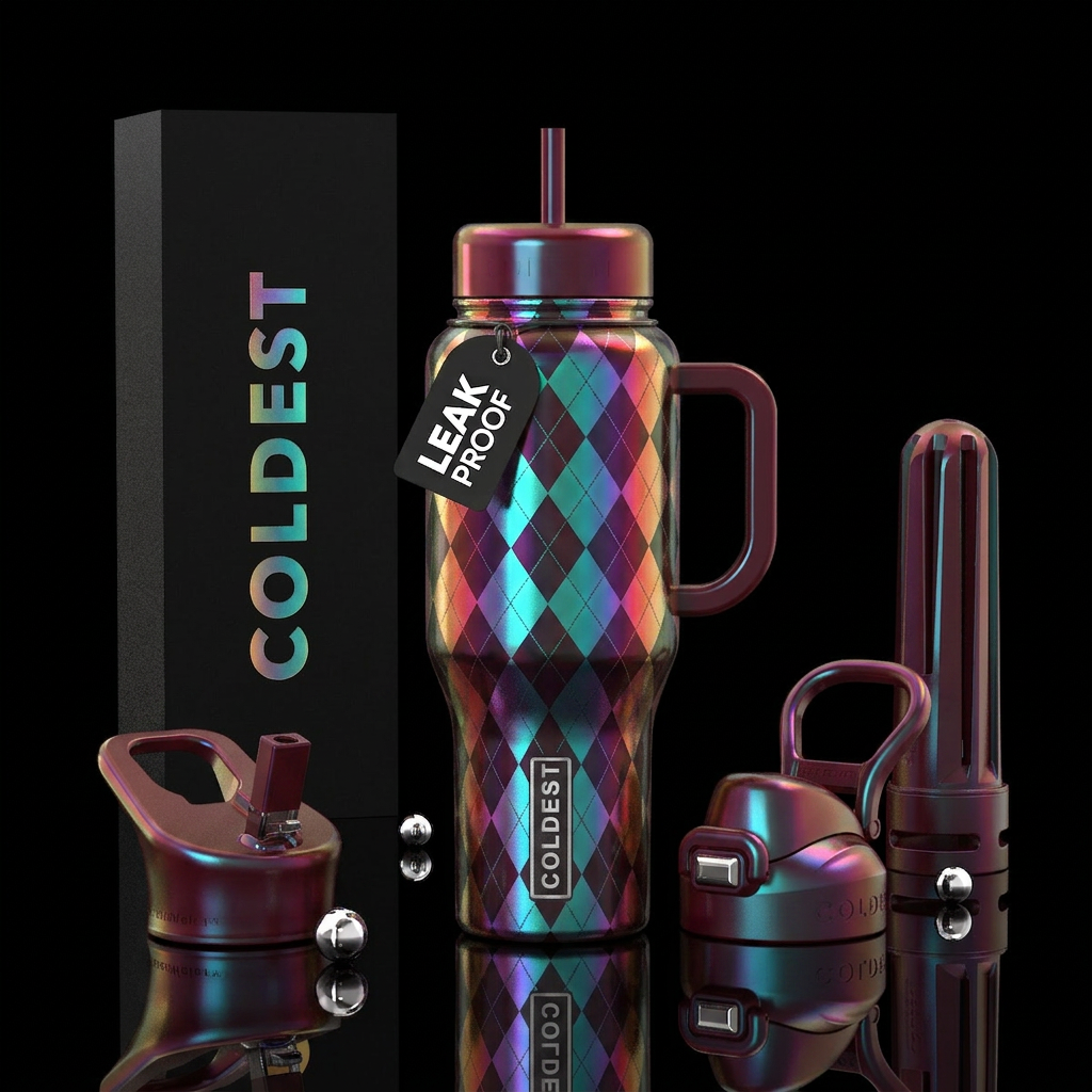 argyle, dichroic, oxblood water bottle design