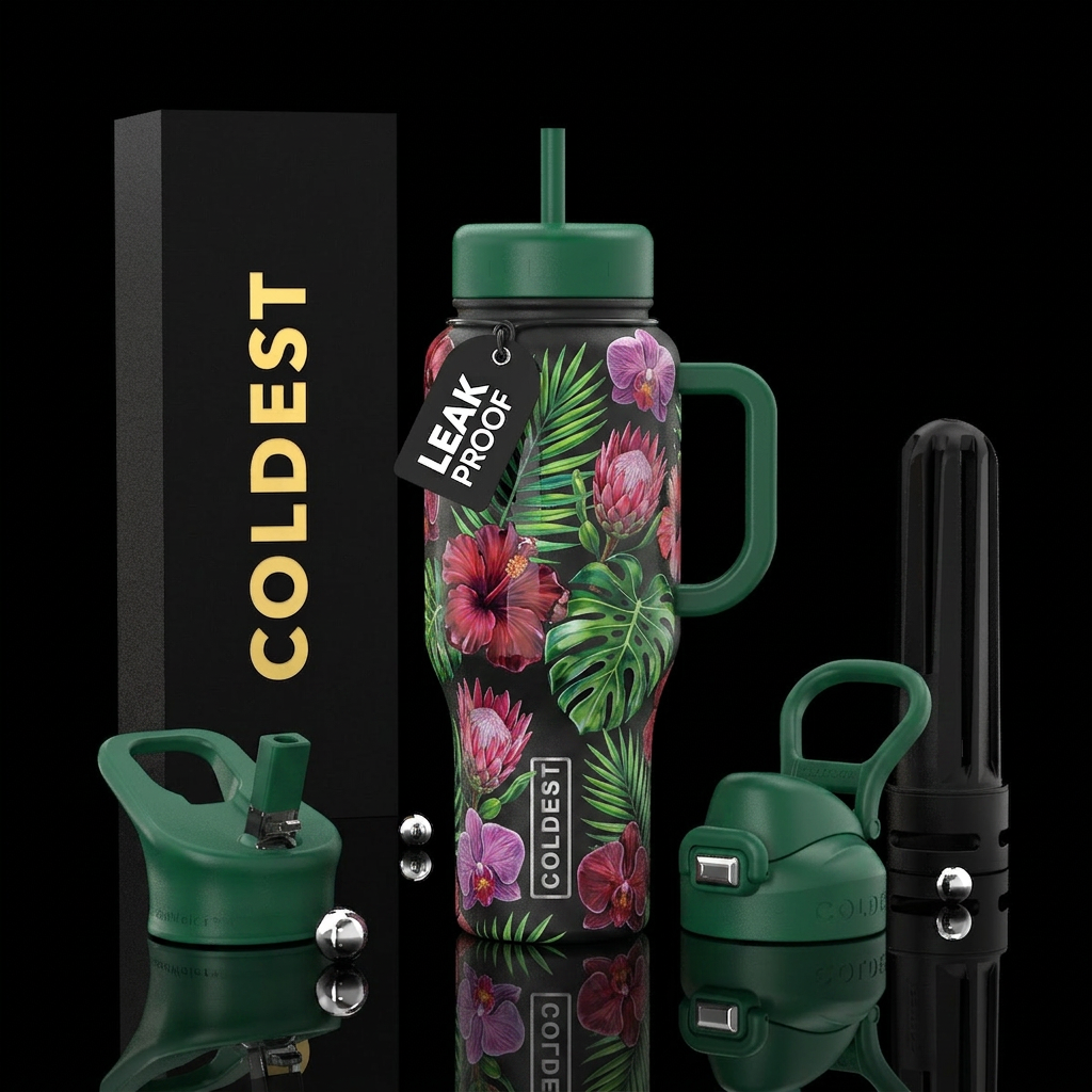 tropical flowers, glass blowing, romantic water bottle design