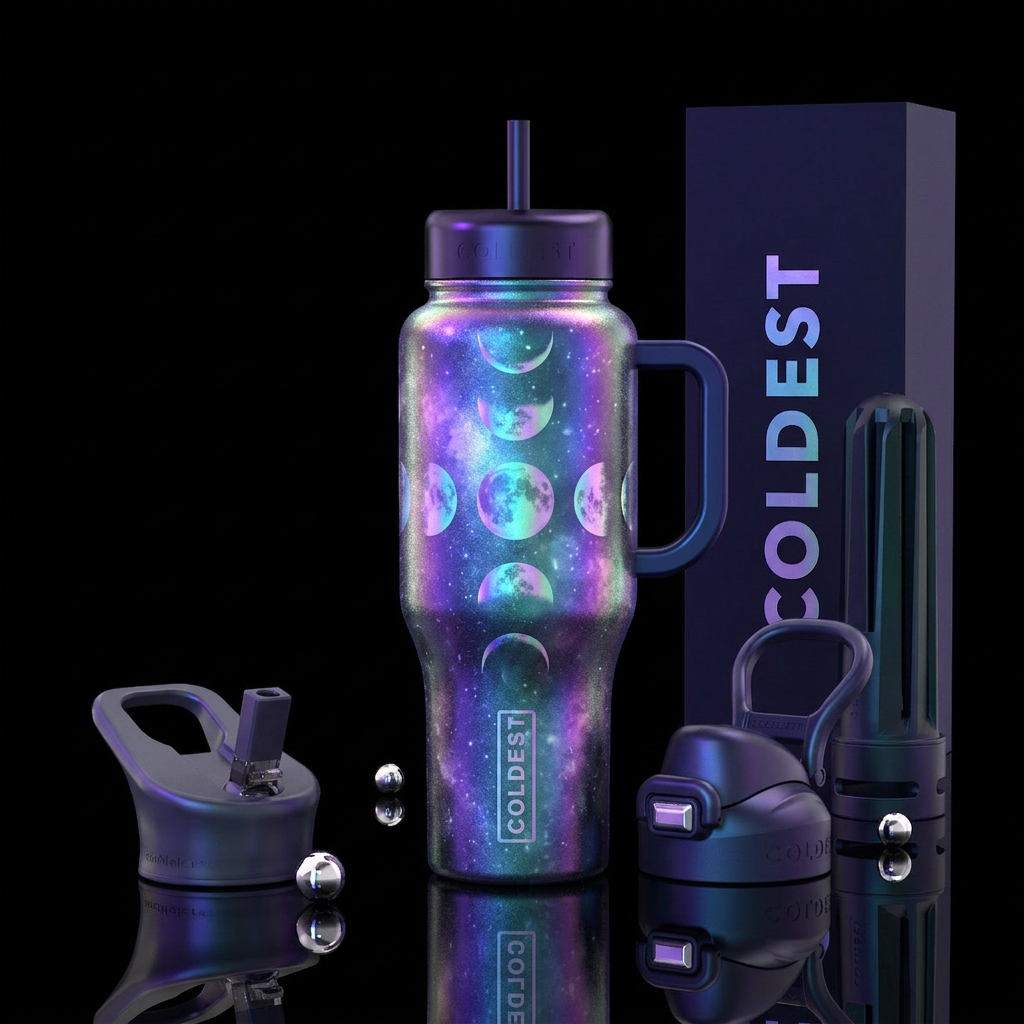 Iridescent, celestial moon phase water bottle design