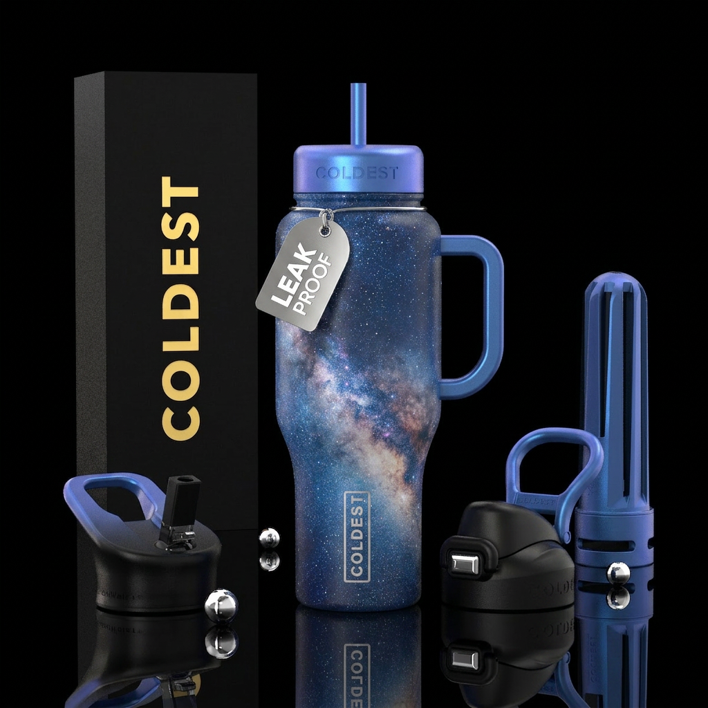 Milky Way on a pearlescent blue bottle water bottle design