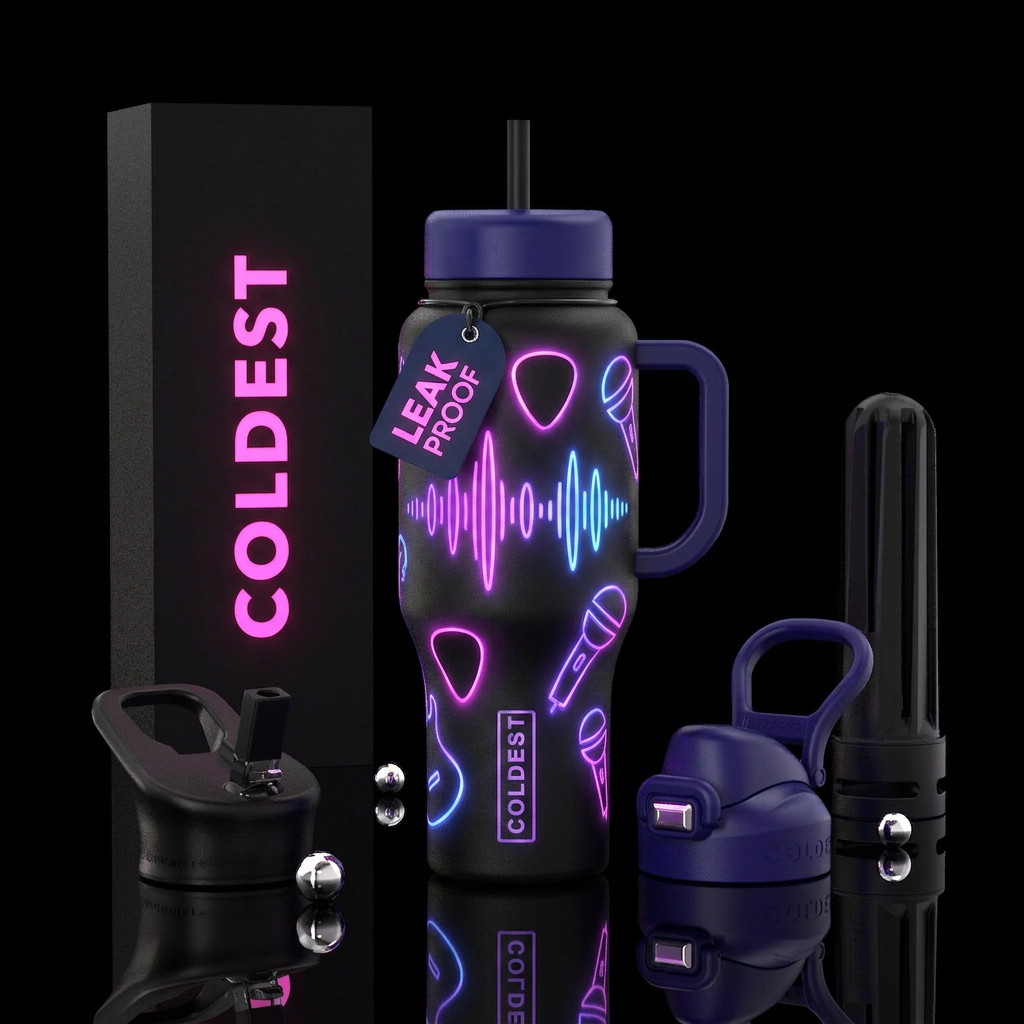 It is rock music in neon colors on a black bottle water bottle design