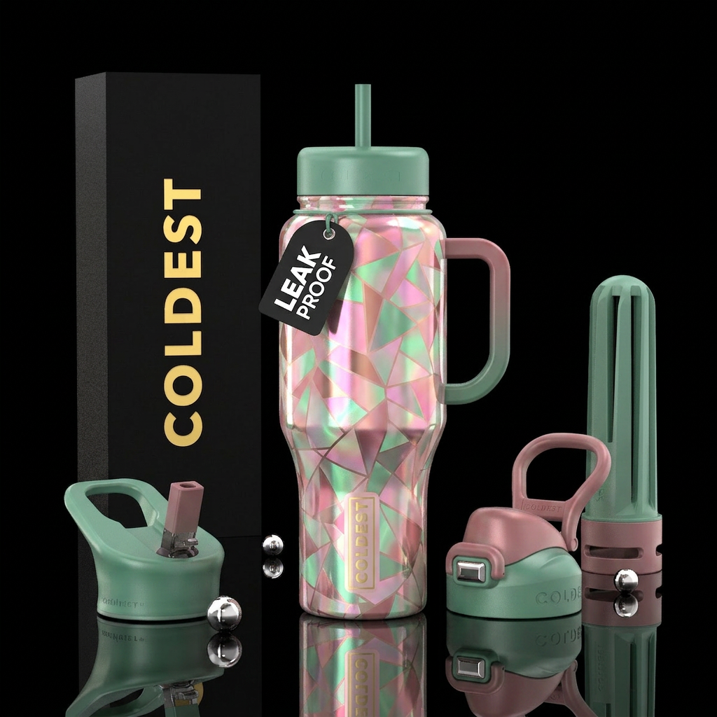 Shades of pink and green, kaleidoscope, opalescent water bottle design