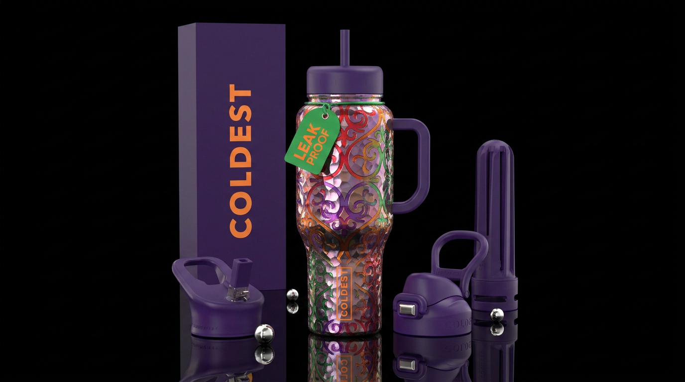 hammered, red, black, purple, orange, and green water bottle design