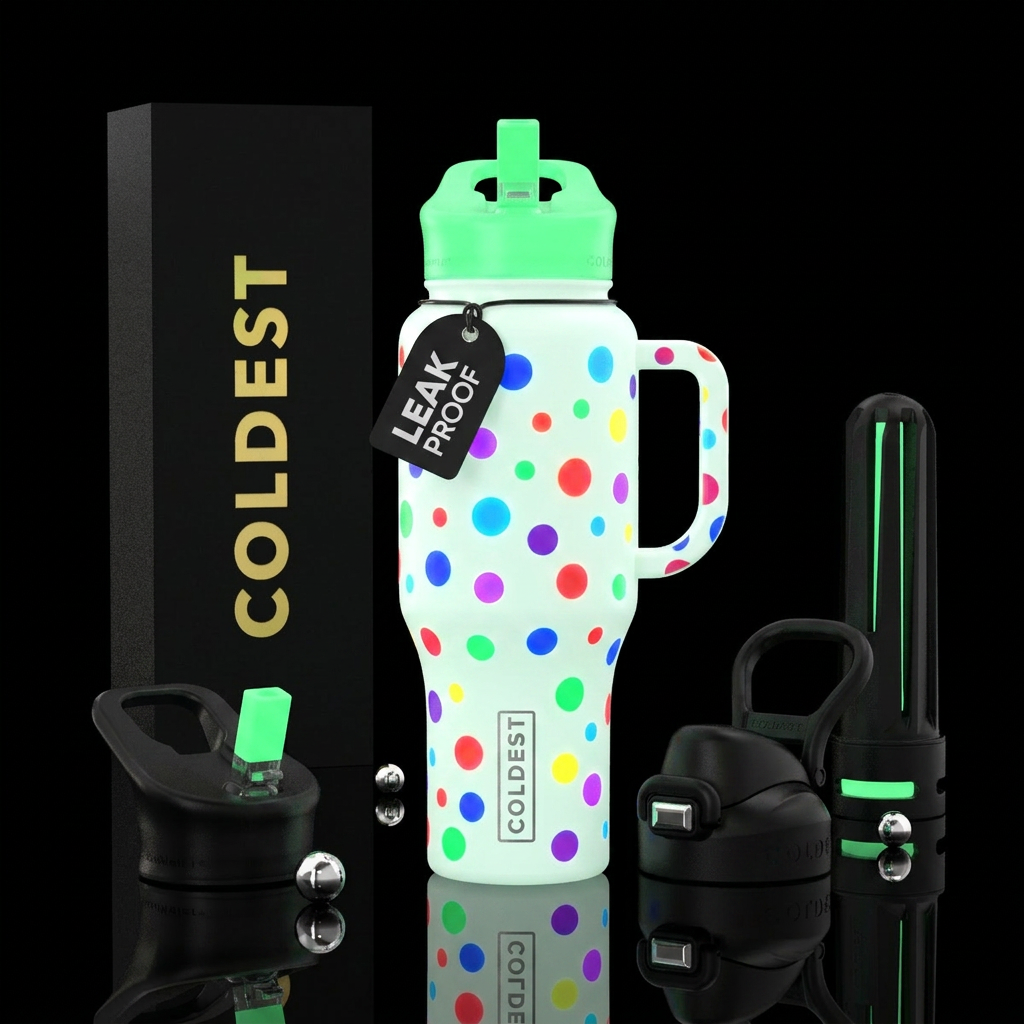 Glow various colored polkadots on a white bottle water bottle design