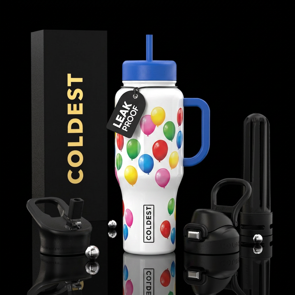 Glowie, various colored balloons on a white bottle... water bottle design