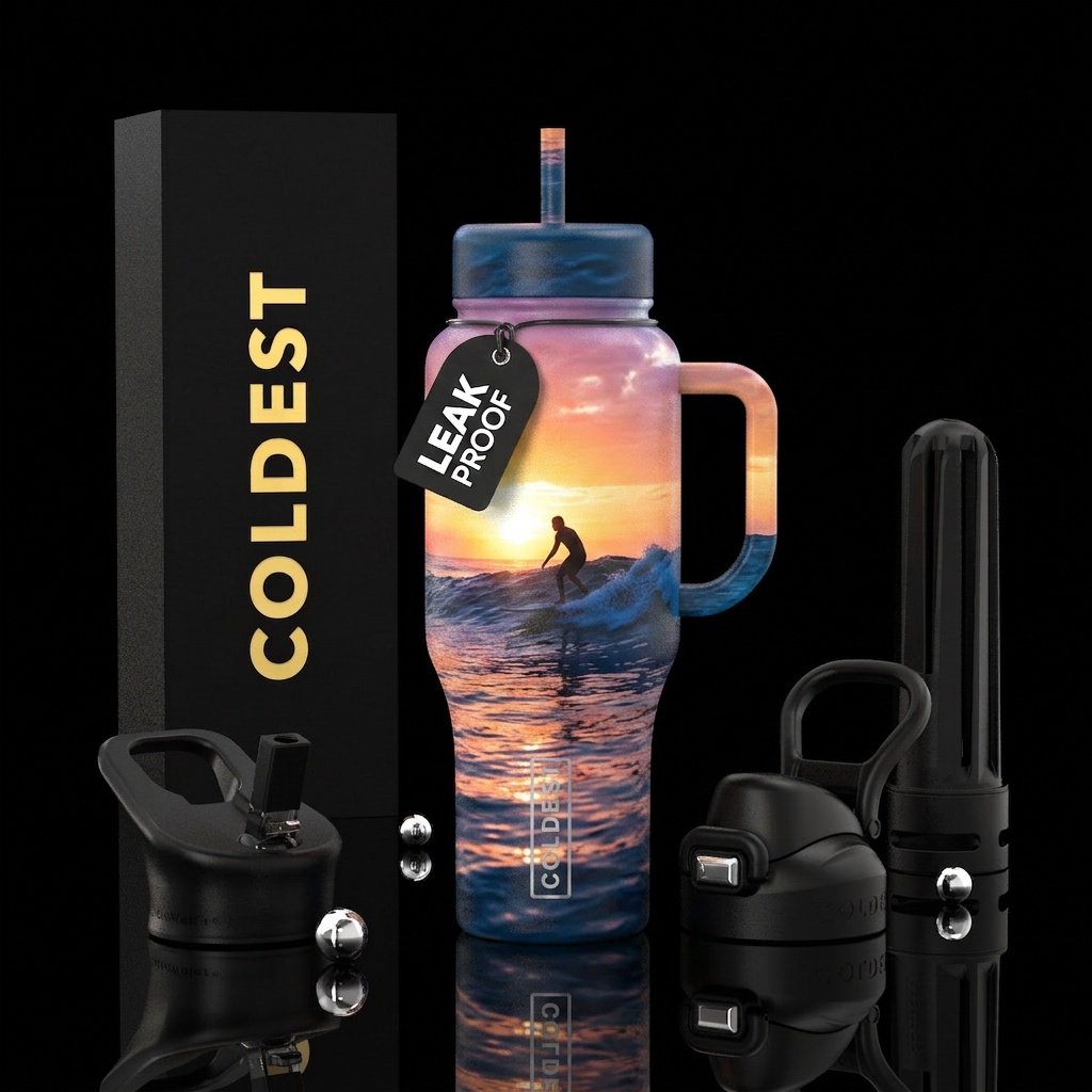 Surfing at sunrise water bottle design