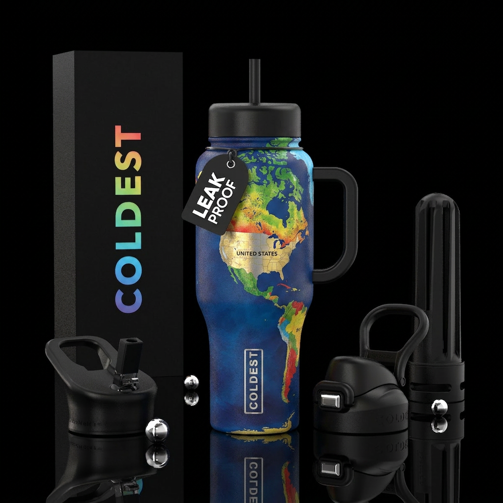 World map with the continental US above the coldes... water bottle design