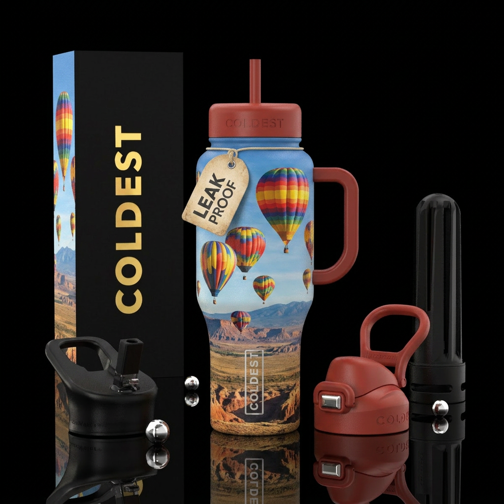 Hot air balloons flying over New Mexico water bottle design