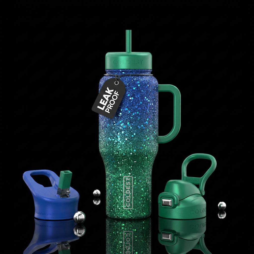 Glitter, blue faded into green water bottle design