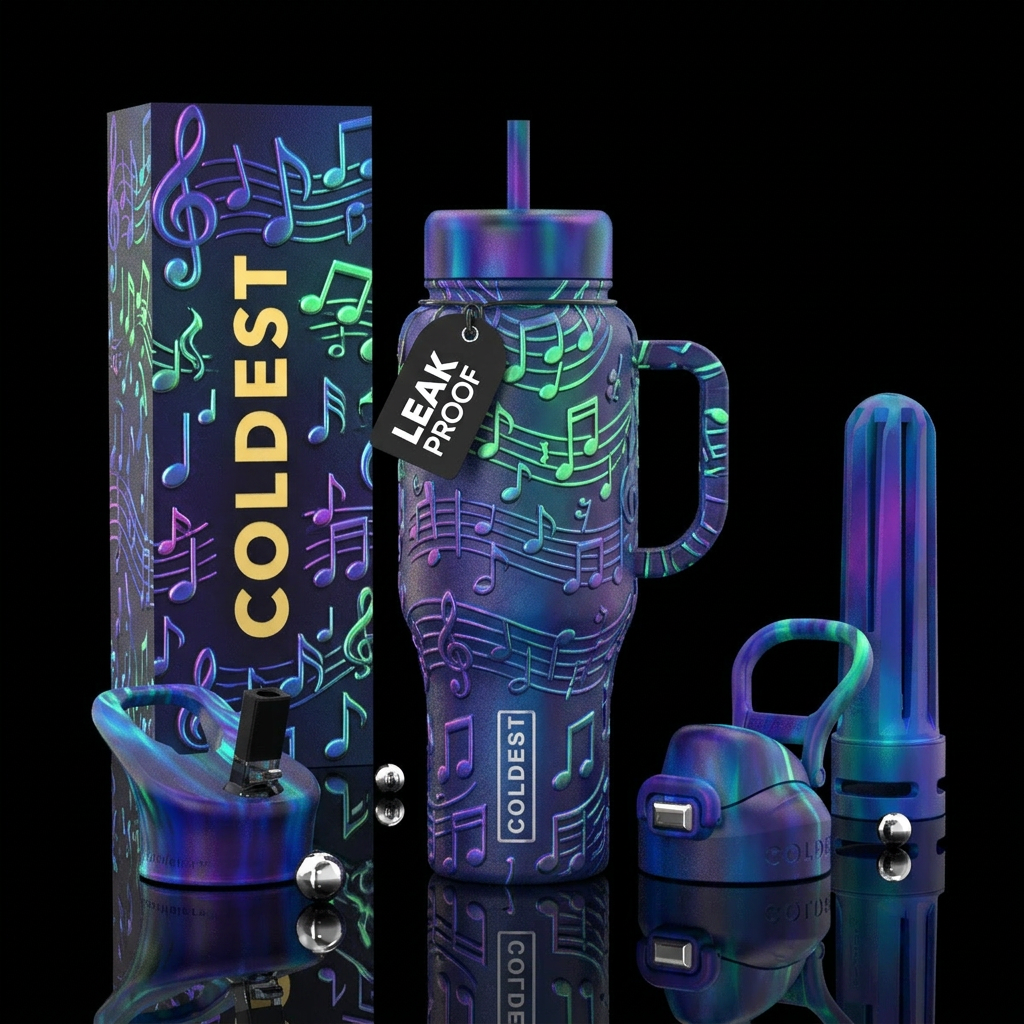 Embossed Glowie musical notes water bottle design