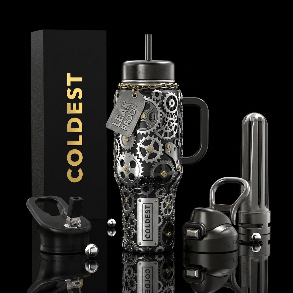 Silver and black steampunk gears water bottle design