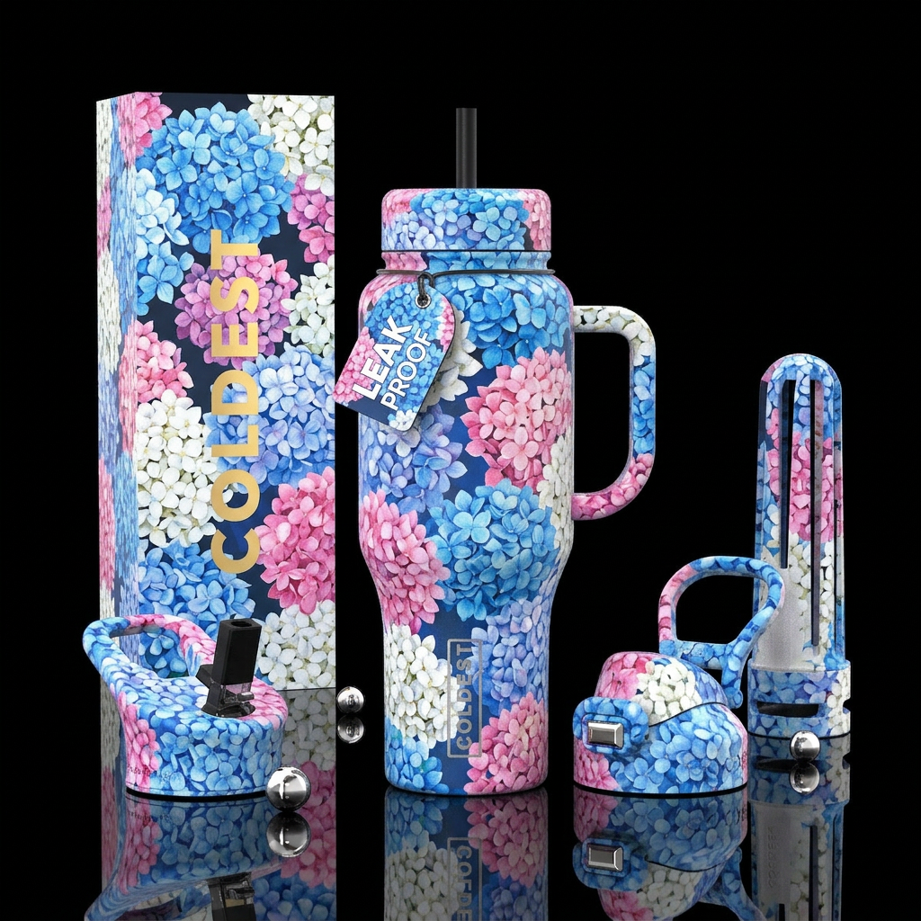 Blue, pink, and white hydrangeas water bottle design