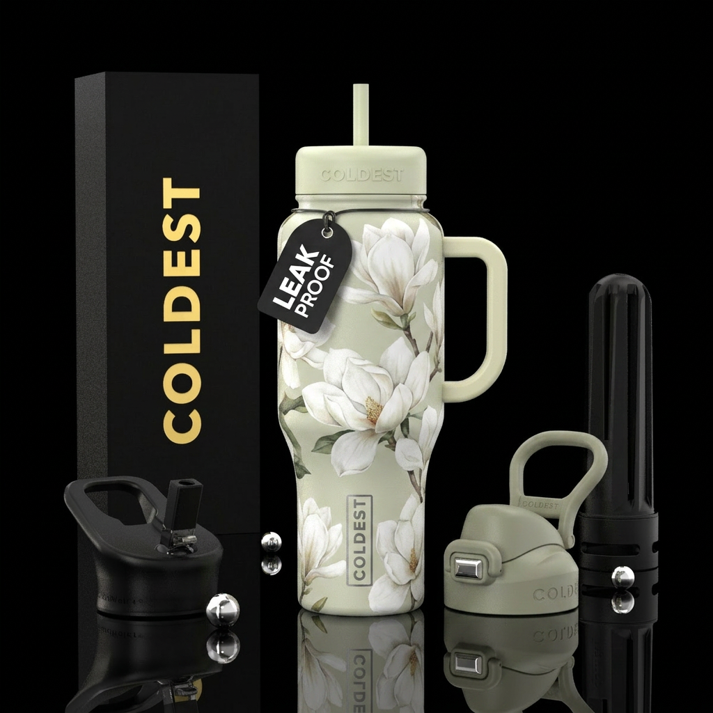 white magnolia blossoms water bottle design