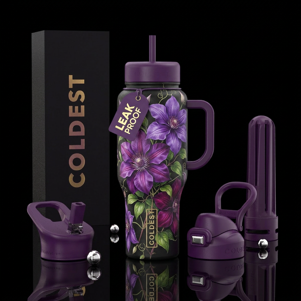 Purple Clemaniys flower water bottle design