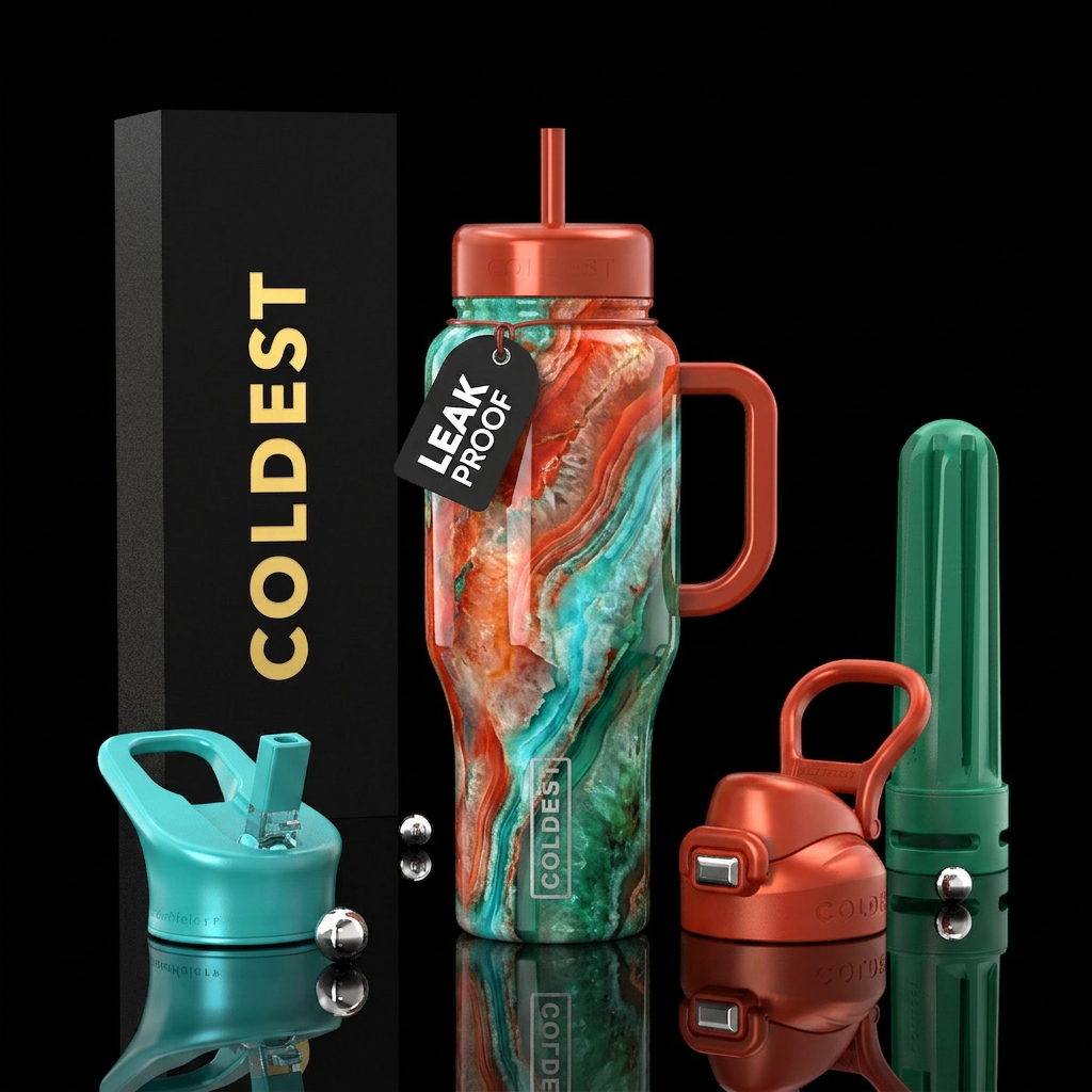 agate,, vermillion, turquoise, emerald water bottle design