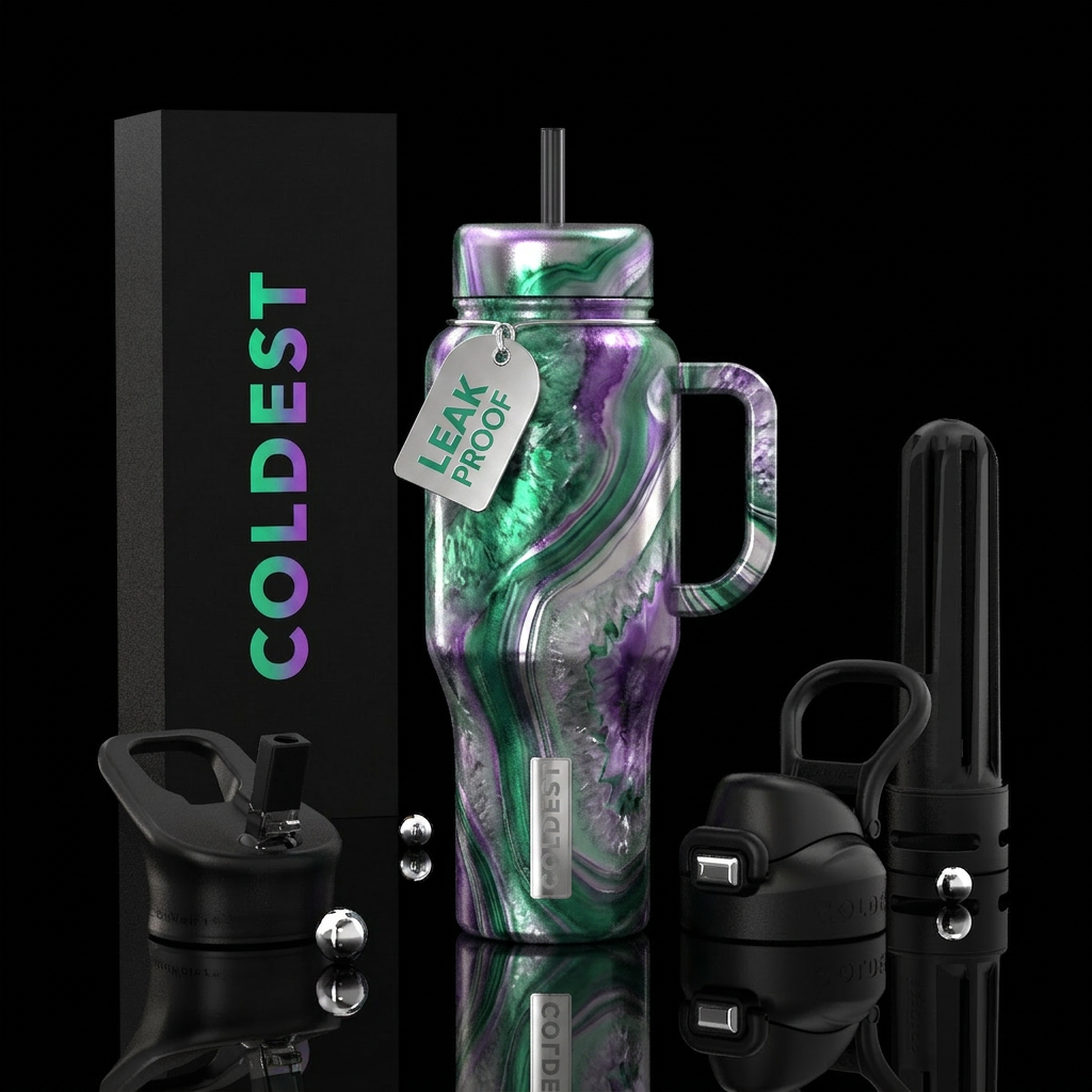 agate,, emerald, purple, silver, pearlescent water bottle design