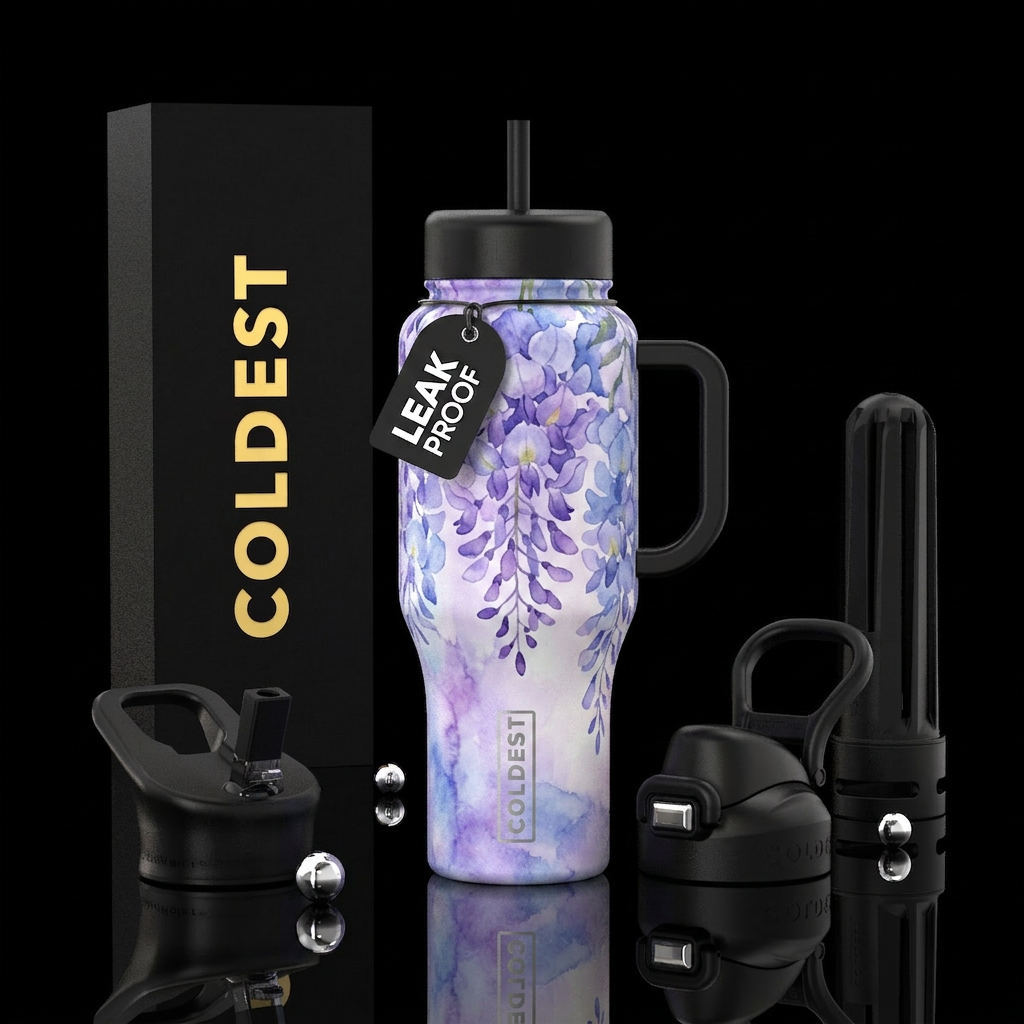 dreamy, wisteria, watercolor water bottle design