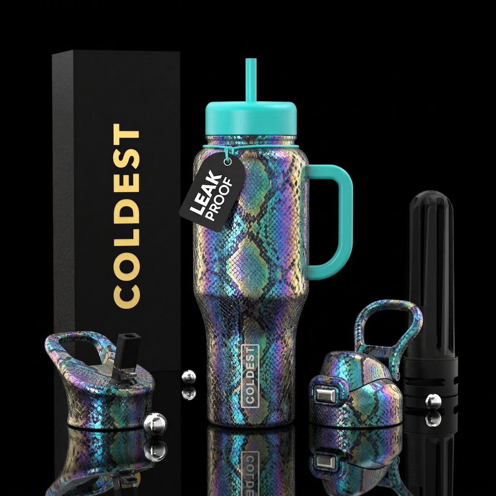 Iridescent snake print water bottle design