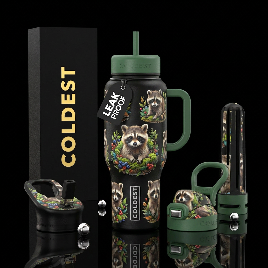 Baby raccoons water bottle design
