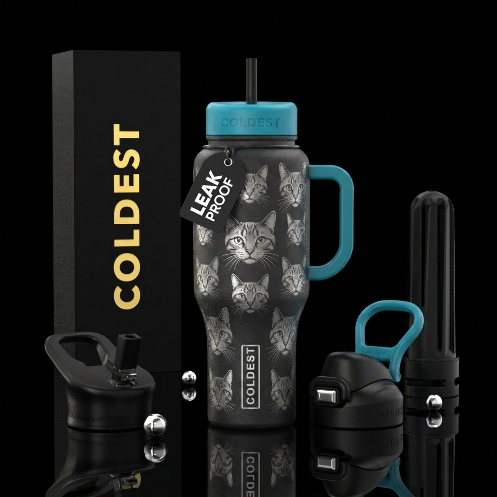 Cat faces with whiskers water bottle design