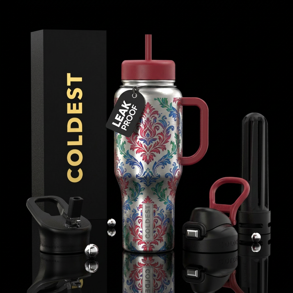 brushed metal, damask water bottle design