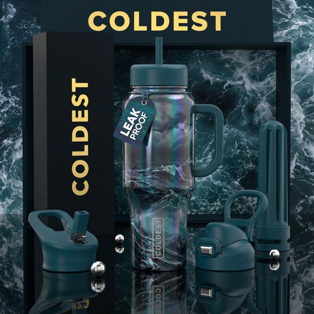 dichroic, stormy seas water bottle design