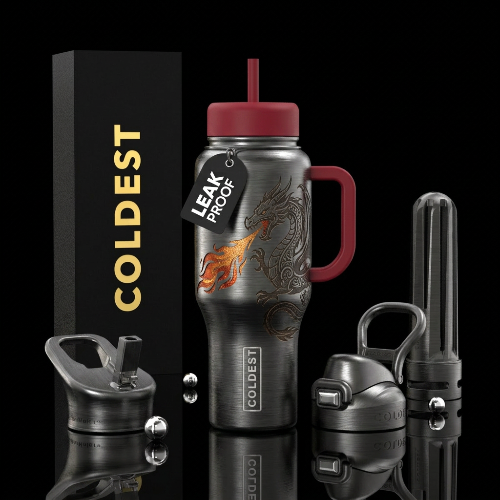 brushed metal, dragon, breathing fire water bottle design