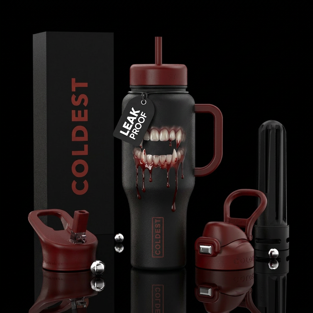 Vampire teeth with dripping blood water bottle design