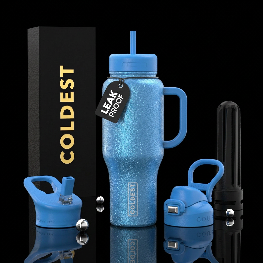 Soft blue gliter water bottle design