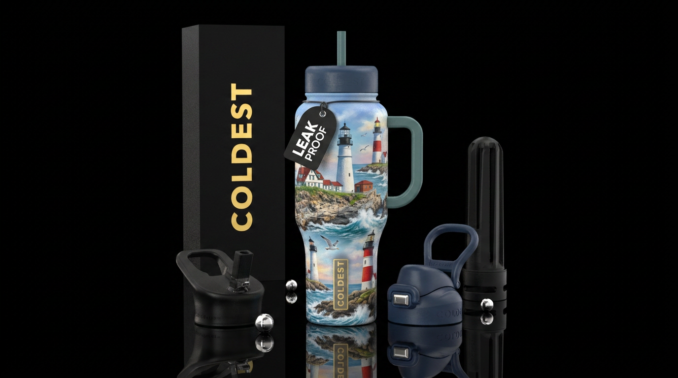 Maine lighthouses water bottle design