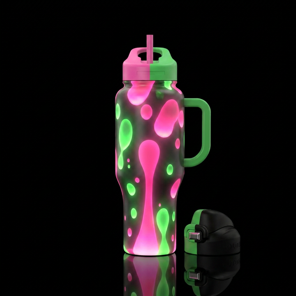 Glowie lava lamp with pink and green lava water bottle design